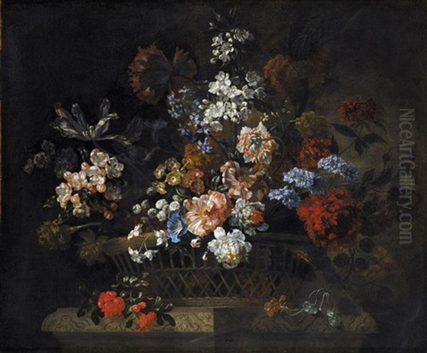 Still Life Of Flowers In A Basket Oil Painting by Pieter Casteels III