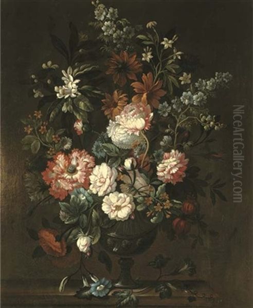 Peonies, Convolvulus, Carnations, Rosebuds And Other Flowers In A Glass Vase On A Stone Ledge Oil Painting by Pieter Casteels III