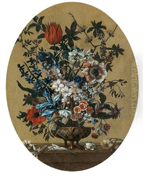 Blumenstraus In Einer Kostbaren Vase Aus Metall Und Blauem Glas Oil Painting by Pieter Casteels III