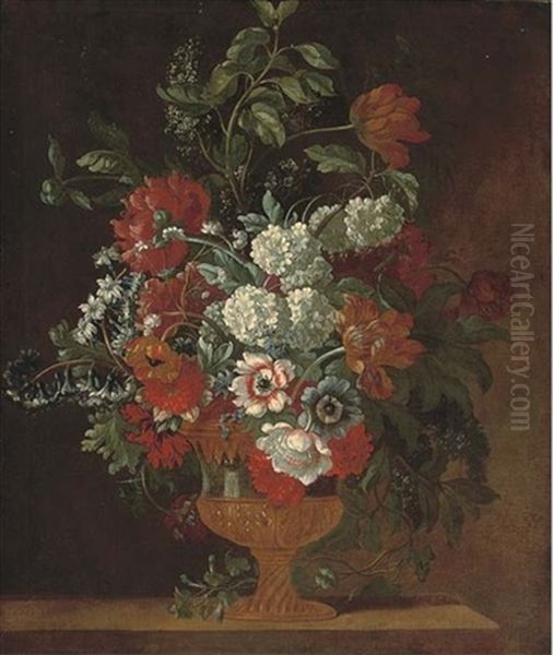 Parrot Tulips, Chrysanthemums, Hydrangeas, Poppies, Blue Bells, Hyacinths And Other Flowers In Sculpted Urn On A Stone Ledge Oil Painting by Pieter Casteels III