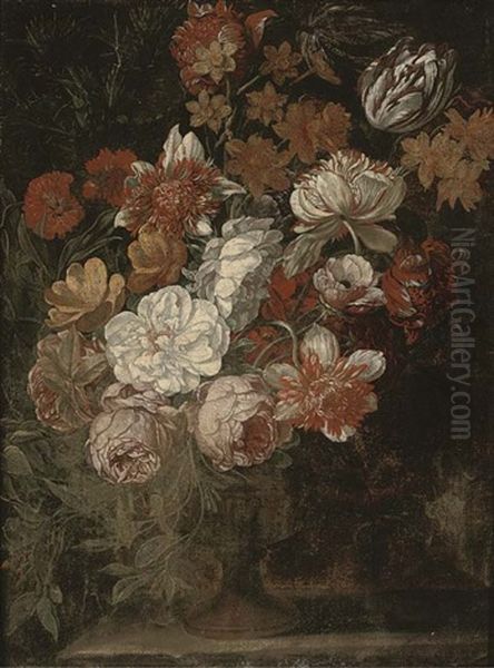 Parrot Tulips, Roses, Narcissi And Other Flowers In A Vase On A Ledge Oil Painting by Pieter Casteels III