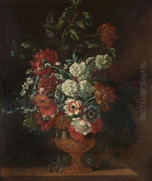 Tulips, Poppies, Delphiniums, Lilac And Other Flowers In A Gilt-mounted Ormolu Vase On A Wooden Ledge Oil Painting by Pieter Casteels III