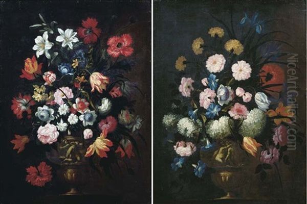 Carnations, Pink Roses, Irises And Other Flowers In A Sculpted Vase On A Ledge (+ Poppies, Tulips, Lilies And Other Flowers In A Sculpted Vase On A Ledge; Pair) Oil Painting by Pieter Casteels III