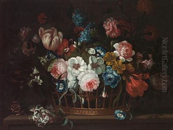 Roses, Carnations, Peonies, Tulips, Morning Glory And Other Flowers In A Basket On A Ledge Oil Painting by Pieter Casteels III