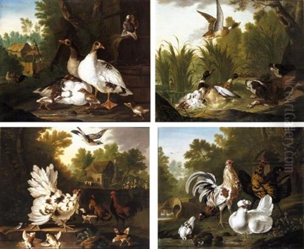 Three Spaniels Startling A Group Of Ducks In A Pond (+ 3 Others; 4 Works, Various Sizes) by Pieter Casteels III