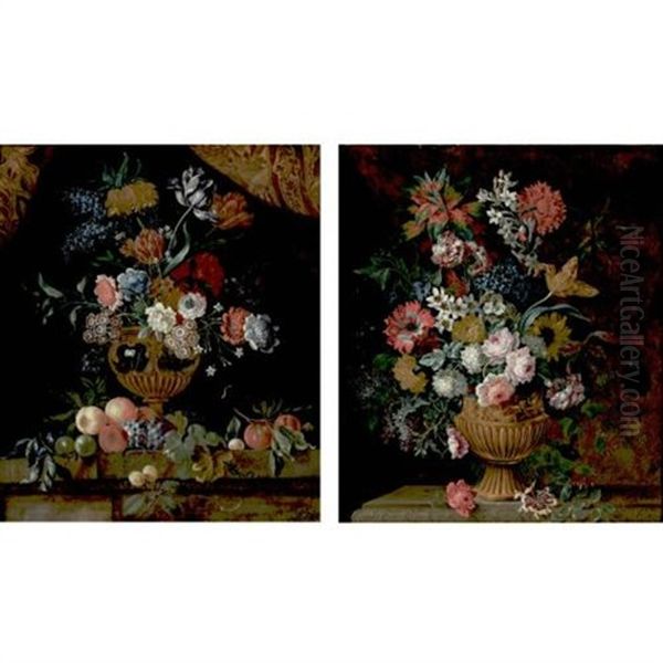 Still Life Of Various Flowers In An Ornate Vase Resting On A Ledge (+ Still Life Of Various Flowers In An Ornate Vase Resting On A Ledge Strewn With Fruit; Pair) by Pieter Casteels III