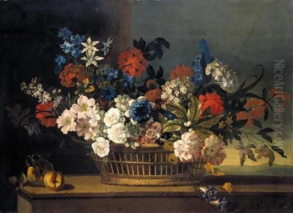 Still Life Of Flowers In A Basket Upon A Ledge Oil Painting by Pieter Casteels III