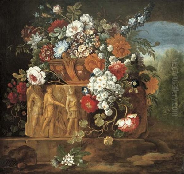 Roses, Peonies, Daisies And Other Flowers In A Sculpted Vase Resting On An Antique Frieze Oil Painting by Pieter Casteels III