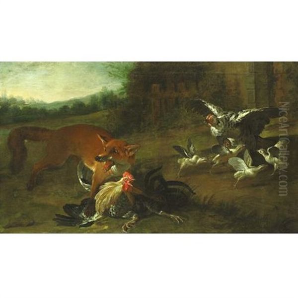 Fox Attacking Chickens Oil Painting by Pieter Casteels III