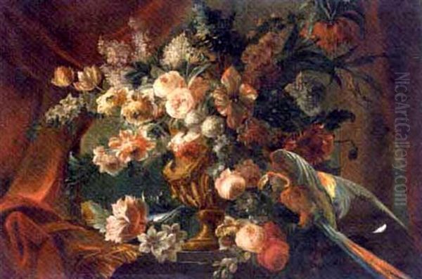 Roses, Parrot Tulips, Narcissi, Morning Glory And Other Flowers In A Vase With A Parrot On A Ledge Oil Painting by Pieter Casteels III