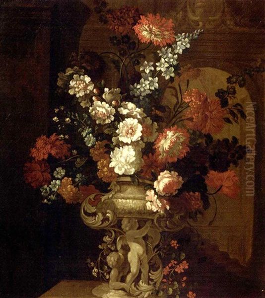 Mixed Flowers In A Sculpted Urn With Putti On A Ledge, In An Interior Oil Painting by Pieter Casteels III