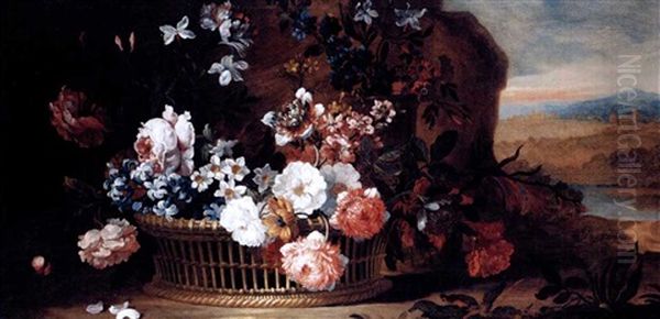 A Still Life Of Roses, Narcissi, Bluebells And Carnations In A Basket With A Distant Landscape Beyond by Pieter Casteels III