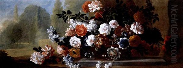 A Still Life Of Carnations, Roses And Other Flowers Loosely Arranged In A Basin, A Park Beyond Oil Painting by Pieter Casteels III