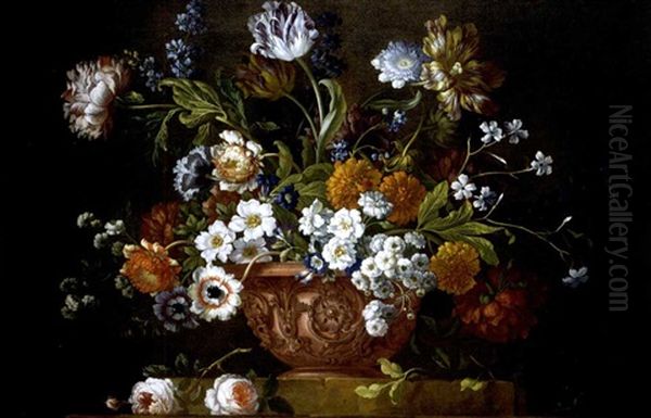 Still Life Of Roses, Variegated Tulips, Convolvuli, Peonies And Other Flowers In An Elaborate Terracotta Bowl, Resting On A Stone Socle Oil Painting by Pieter Casteels III