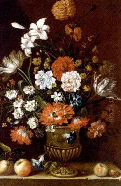 Tulips, Peonies, Lilies And Other Flowers In An Urn With Fruit On A Ledge Oil Painting by Pieter Casteels III