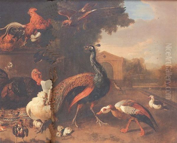 Ornamental Fowl By A Pool Oil Painting by Pieter Casteels III