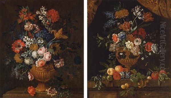 Still Life Of Various Flowers In An Ornate Vase Resting On A Ledge Oil Painting by Pieter Casteels III