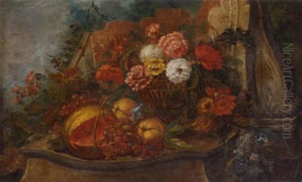 A Melon, Grapes On The Vine, Peaches And Mixed Flowers In An Urn On A Stone Ledge In A Garden Oil Painting by Pieter Casteels III