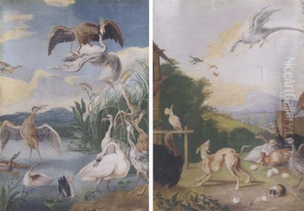 An Eagle Catching A Heron In Flight, Herons And Other Wildfowl On A Pond Below Oil Painting by Pieter Casteels III