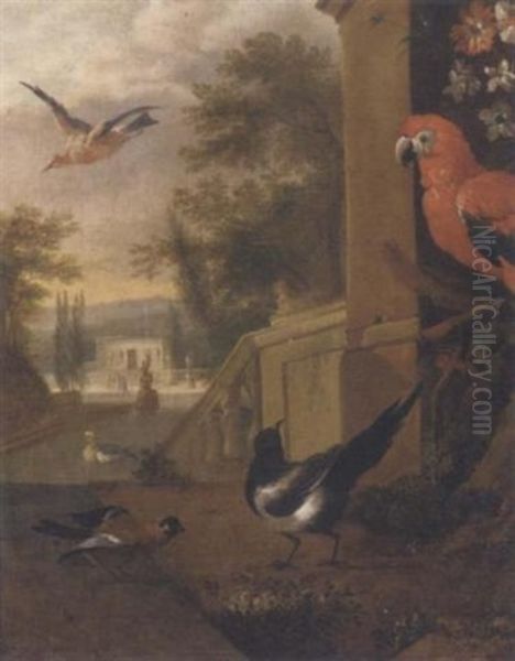 A Magpie, A Parrot, A Goldfinch And Other Birds In An Italianate Garden Oil Painting by Pieter Casteels III