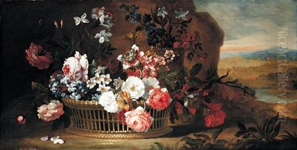 A Still Life Of Roses, Narcissi, Bluebells And Carnations In A Basket With A Distant Landscape Beyond Oil Painting by Pieter Casteels III