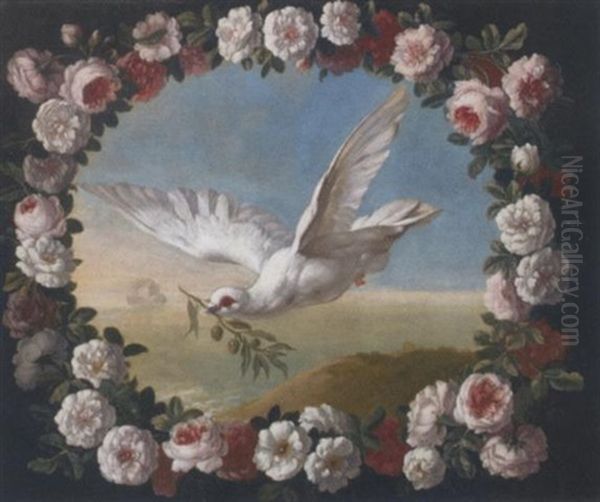 An Allegory Of Peace: A Dove Carrying An Olive Branch With The Ark Beyond, In A Floral Cartouche Oil Painting by Pieter Casteels III