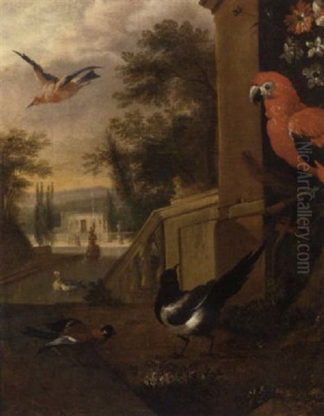 A Magpie, A Parrot, A Goldfinch And Other Birds In An Italianate Garden Oil Painting by Pieter Casteels III