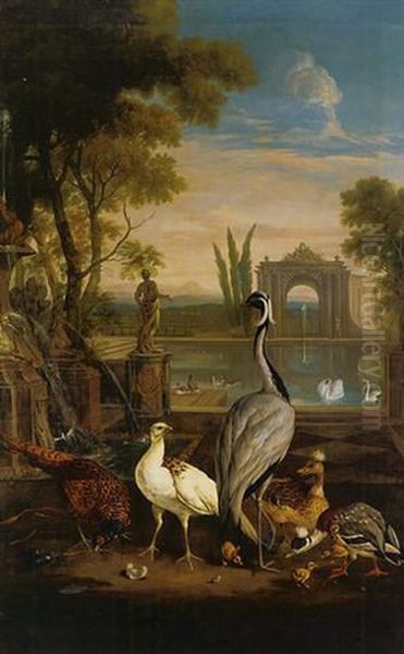 A Demoiselle Crane, A Pheasant, A Duck And Other Birds In An Italianate Garden With A Lake Oil Painting by Pieter Casteels III