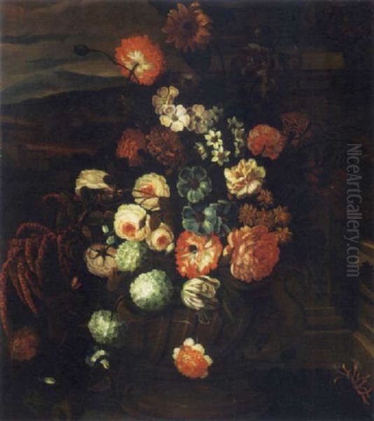 A Sunflower, Tulip, Narcissi, Peonies, Carnations And Other Flowers In An Urn, A Landscape Beyond Oil Painting by Pieter Casteels III