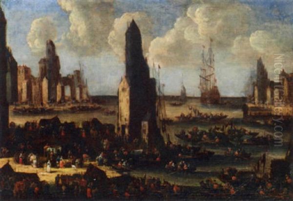 A Capriccio Of A Mediterranean Harbor Scene With Numerous Figures On The Quayside, Merchant And Other Vessels In An Estuary Oil Painting by Pieter Casteels III