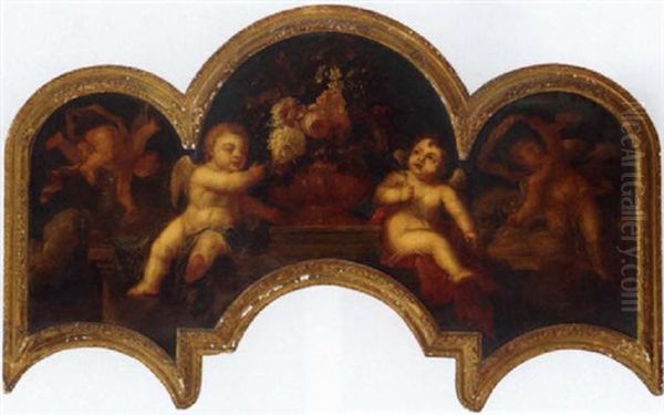 Putti With An Urn Of Flowers On A Ledge Oil Painting by Pieter Casteels III