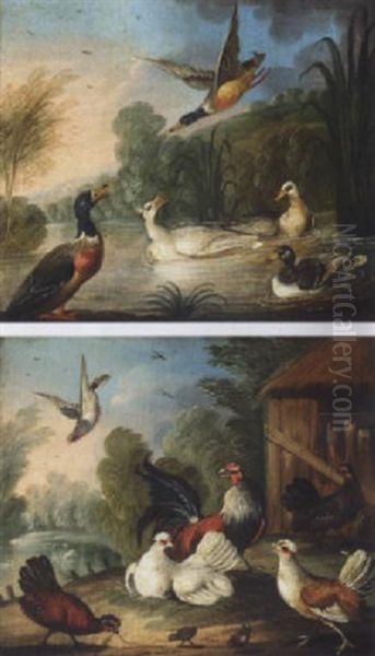 Pigeon, Hens, And Their Young In A Farmyard by Pieter Casteels III