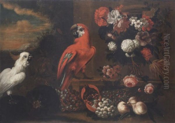 A Scarlet Macaw And A Cockatoo In A Landscape With Melons, Black And White Grapes, A Pomegranate And Peaches With A Vase Of Mixed Flowers On A Ledge Oil Painting by Pieter Casteels III