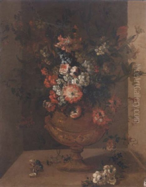 Carnations, Tulips, Narcissi, Morning Glory And Other Flowers In A Vase On A Ledge Oil Painting by Pieter Casteels III