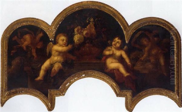 Putti With An Urn Of Flowers On A Ledge Oil Painting by Pieter Casteels III