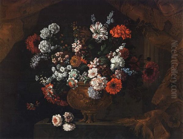 A Still Life Of Flowers In A Gilt Urn, Resting Upon A Stone Ledge Oil Painting by Pieter Casteels III