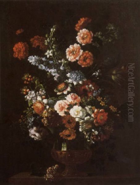 Delphiniums, Roses, Tulips, Honeysuckle And Blossom In A Pedestal Vase On A Stone Ledge Oil Painting by Pieter Casteels III