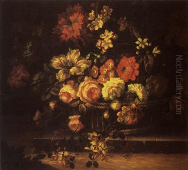 Roses, Carnations, Morning Glory, Honeysuckle And Other Flowers In A Straw Basket On A Stone Plinth Oil Painting by Pieter Casteels III