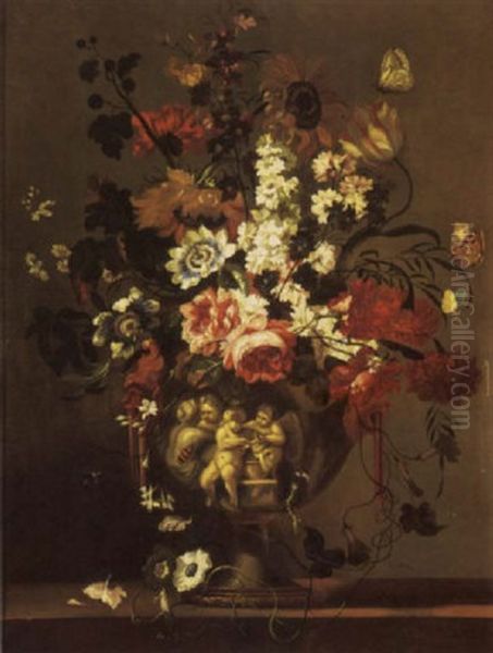 Passion Flowers, Sunflowers And Other Flowers In A Silver Vase, Surrounded By Butterflies, A Bee And A Caterpillar, On A Stone Ledge Oil Painting by Pieter Casteels III