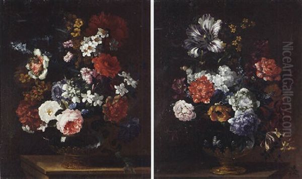 Roses, Anemones, Narcissi And Other Flowers In An Ormolu-mounted Vase On A Table Oil Painting by Pieter Casteels III