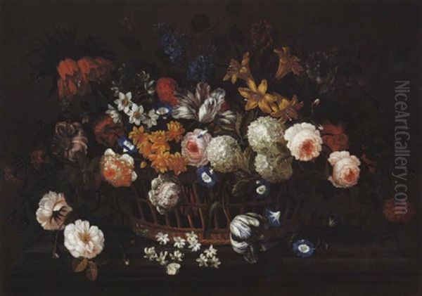 Corbeille De Fleurs Sur Un Entablement Oil Painting by Pieter Casteels III