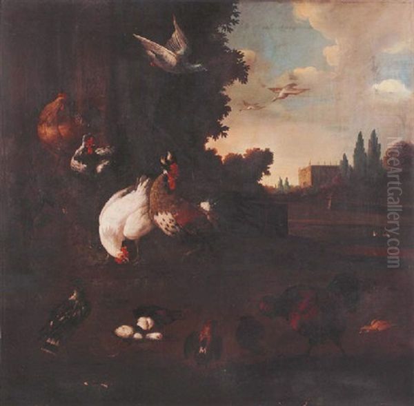 Ornamental Fowl In A Country Garden With A Country House Beyond Oil Painting by Pieter Casteels III