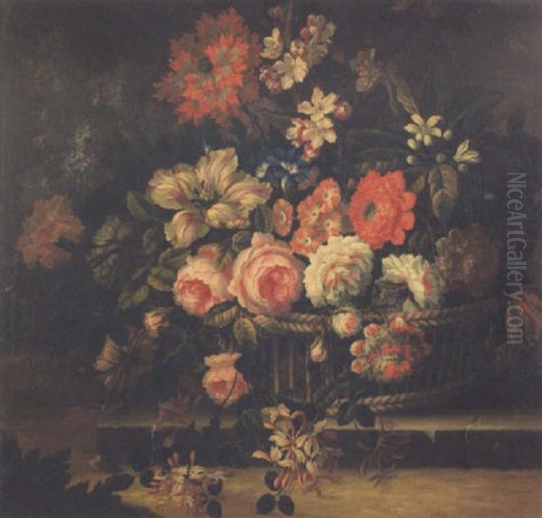 A Still Life Of Assorted Flowers In A Wicker Basket Oil Painting by Pieter Casteels III