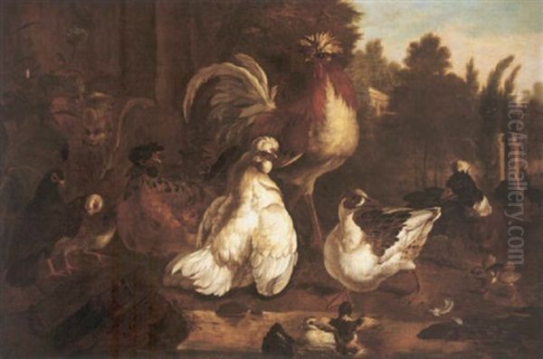 A Wooded Landscape With Bantams, Duck And Pigeon Watering A Pool In The Grounds Of A Villa Oil Painting by Pieter Casteels III