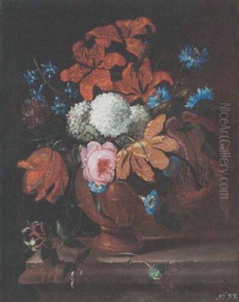 A Still Life With Roses, Tulips, Lilies And Other Flowers, All In A Terracotta Vase On A Stone Ledge Oil Painting by Pieter Casteels III