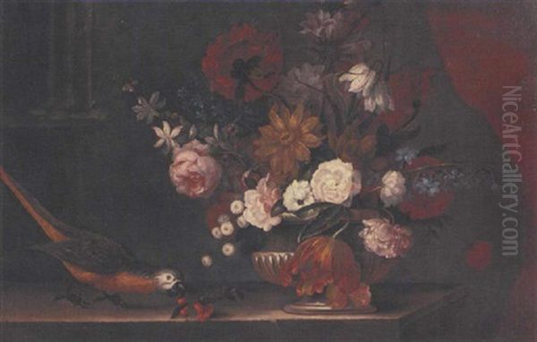 Roses, Tulips, Lilies And Other Flowers, In A Strone Urn, With A Parrot On A Ledge Oil Painting by Pieter Casteels III