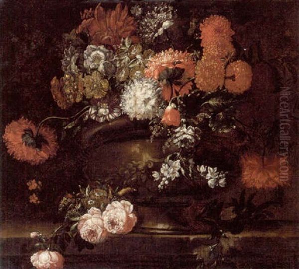 Carnations And Other Flowers In An Urn, With Roses On A Stone Ledge Oil Painting by Pieter Casteels III