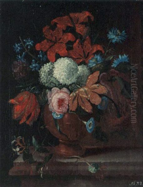 A Still Life With Roses, Tulips, Lilies And Other Flowers, All In A Terracotta Vase On A Stone Ledge Oil Painting by Pieter Casteels III