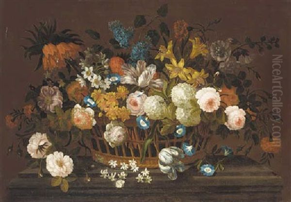 Lillies, Tulips, Roses, Hydrangea, Lilac, Chrysanthemums, And Other Flowers In A Basket On A Marble Plinth Oil Painting by Pieter Casteels III