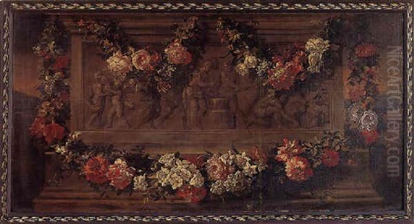 A Garland Of Flowers Adorning A Classical Frieze Oil Painting by Pieter Casteels III